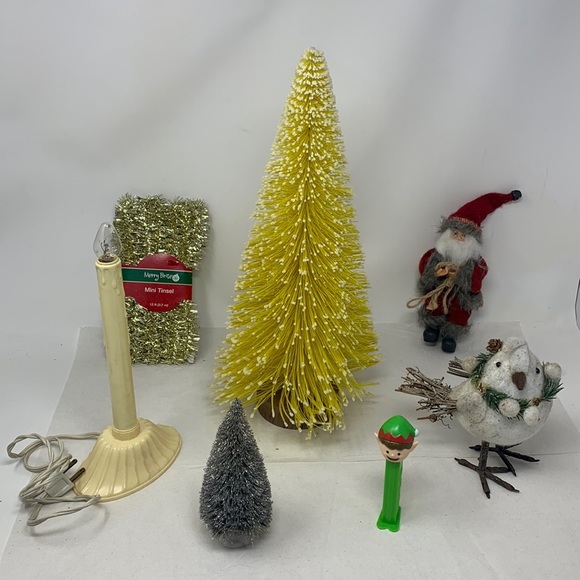 various brands Other - 7 piece Christmas lot: 2 trees, candle light, Santa, bird, Pez elf, used